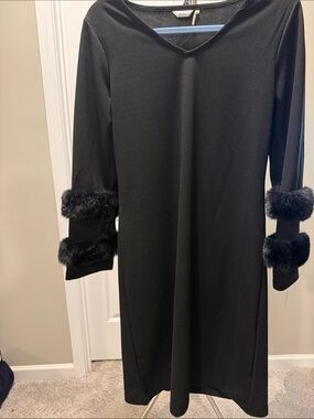 Dalin Black Faux Fur-Trim Midi Dress